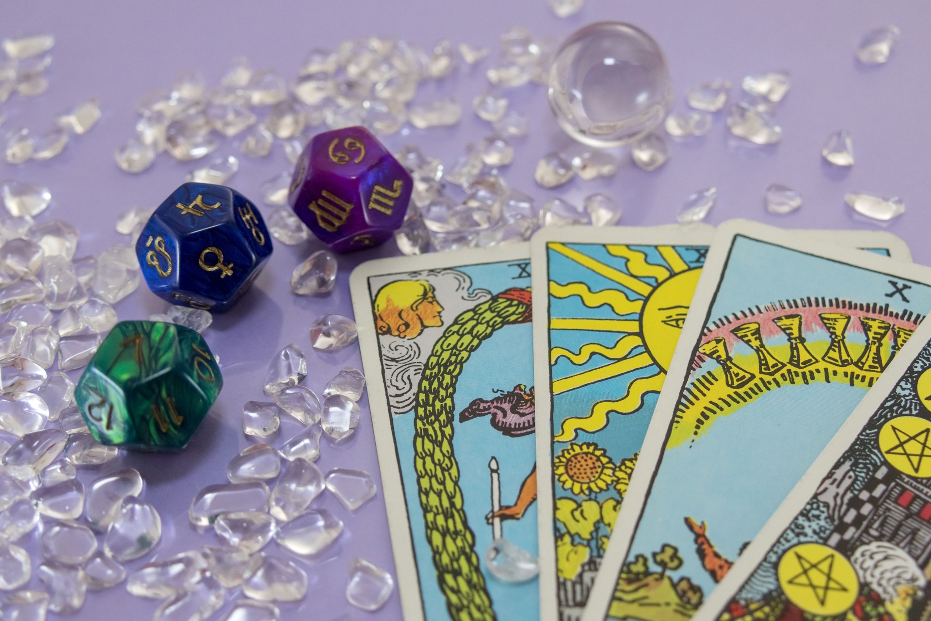 Astrology fortune-telling dice and Tarot card